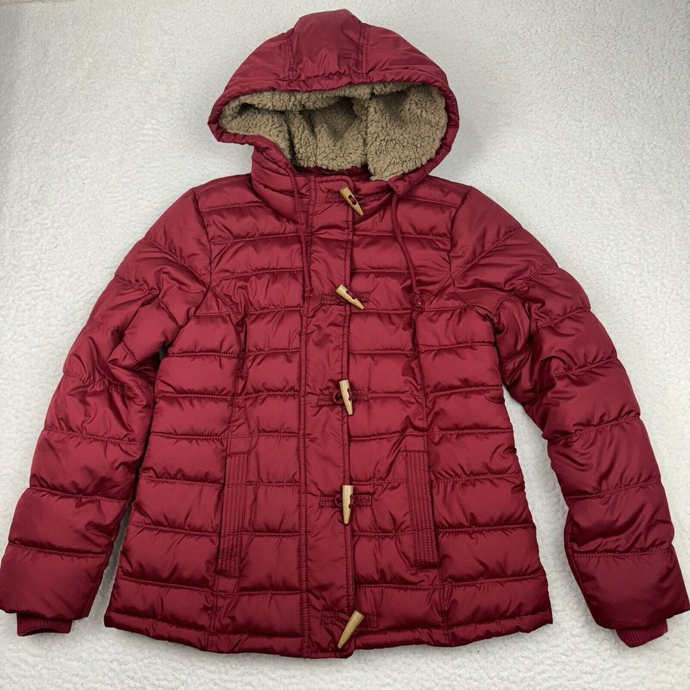 Ruff Hewn Puffer Jacket Women's M Zip Button Hooded Parka Sherpa Lined Coat EUC‎